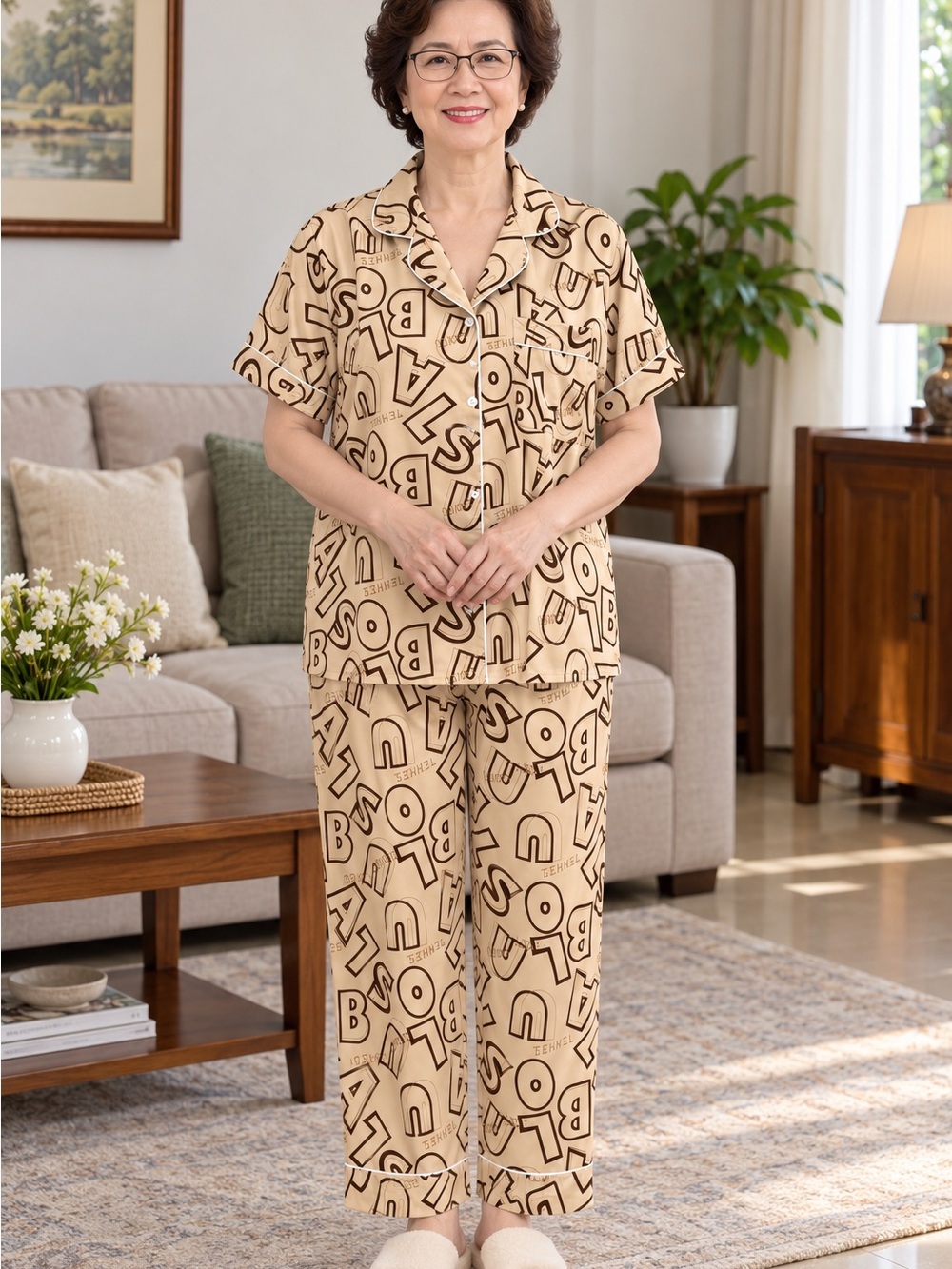Beige Letter-Print Short-Sleeve Pajama Set